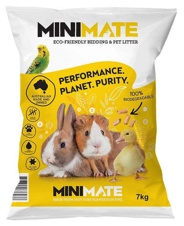 Minimate eco-friendly bedding and pet litter package with animals on a white background