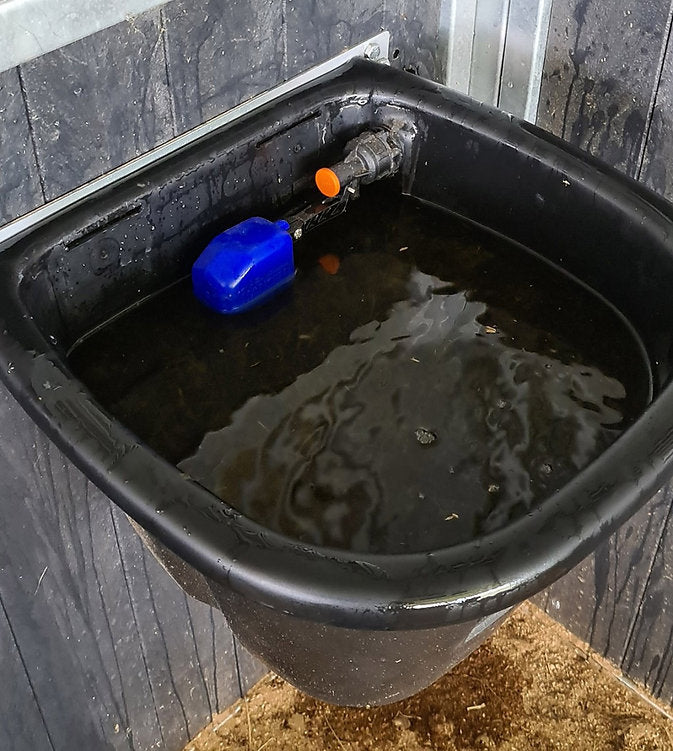 Black water tank with a blue float valve on a wooden floor.