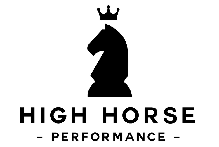 Black silhouette of a horse with a crown and 'High Horse Performance' text on a white background