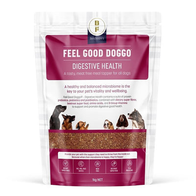 Dog food package labeled 'Feel Good Doggo Digestive Health' on a white background