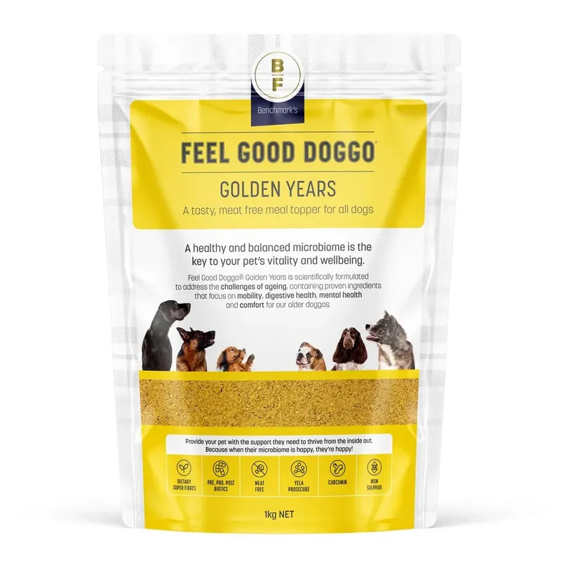 Dog food package labeled 'Feel Good Doggo Golden Years' on a white background