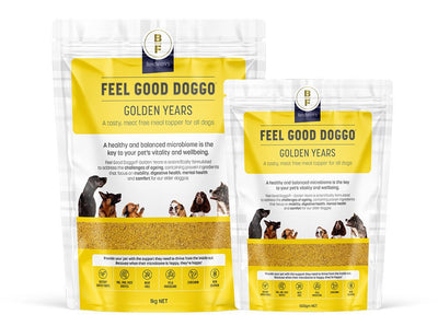 Two packages of 'Feel Good Doggo Golden Years' pet food on a white background