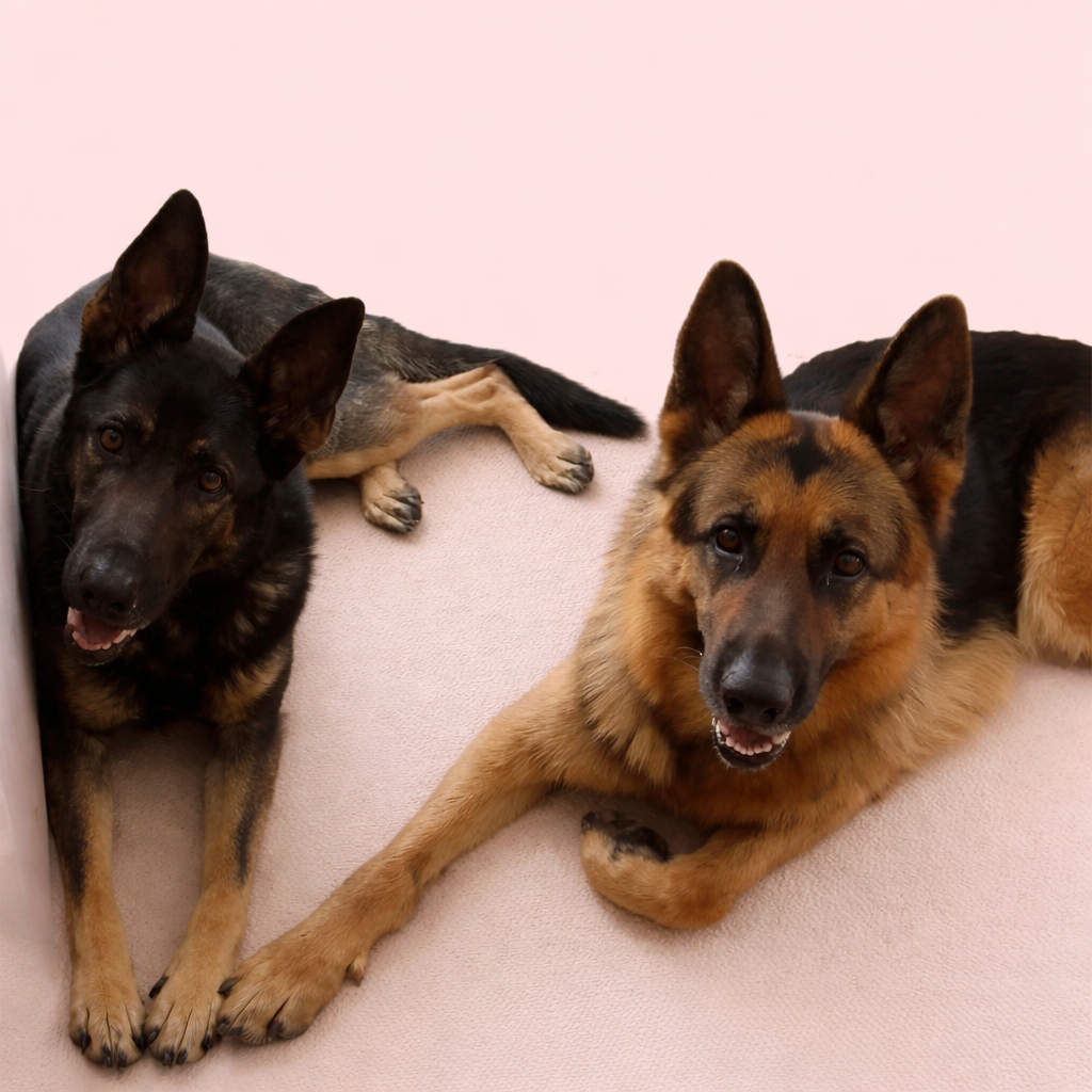 Two dogs lying on a pink background