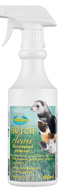 Spray bottle labeled 'Hutch Clean' with images of small animals on a white background